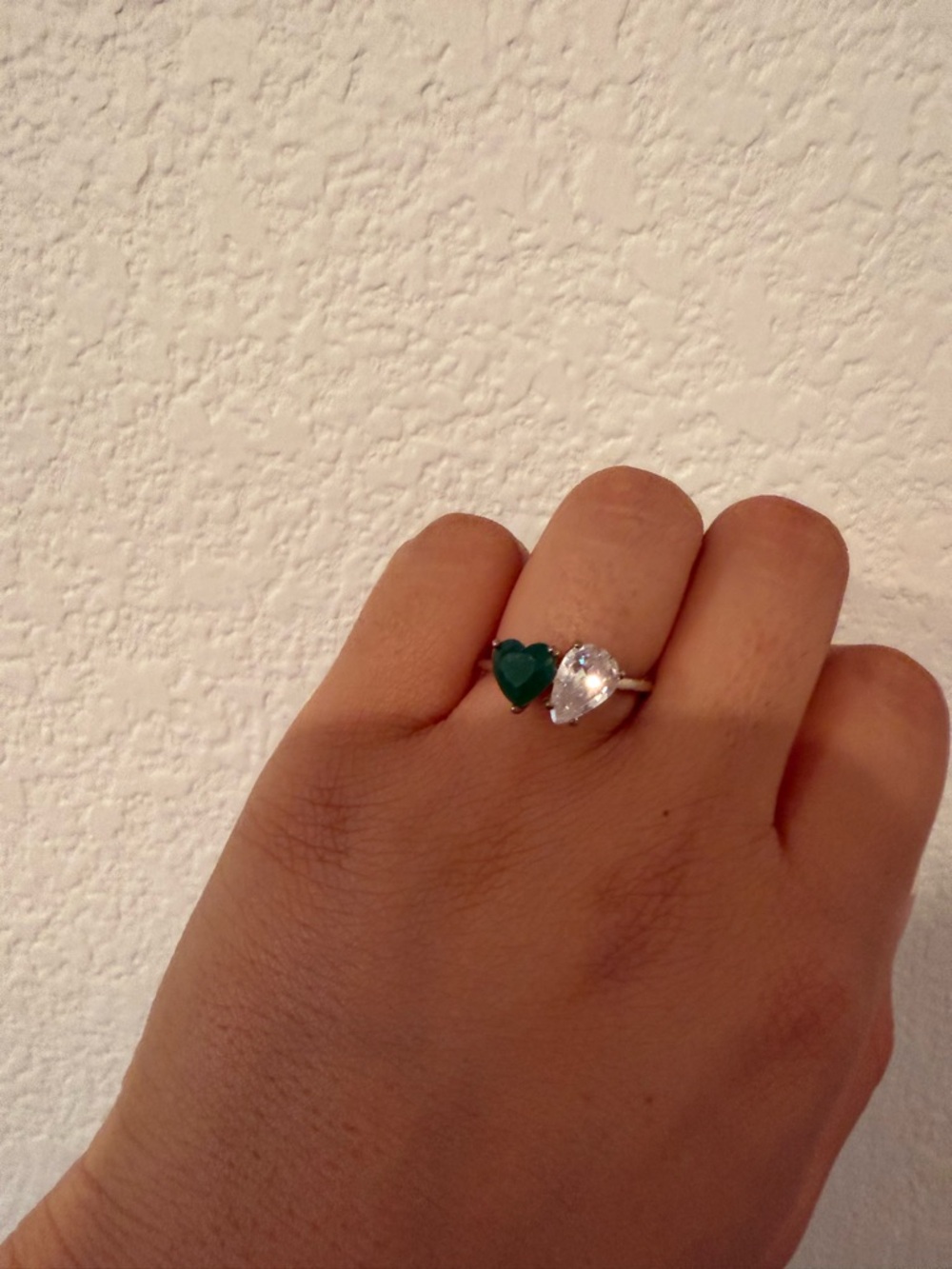 Sterling Silver Heart Gemstone Open Ring with Green and Clear Stones